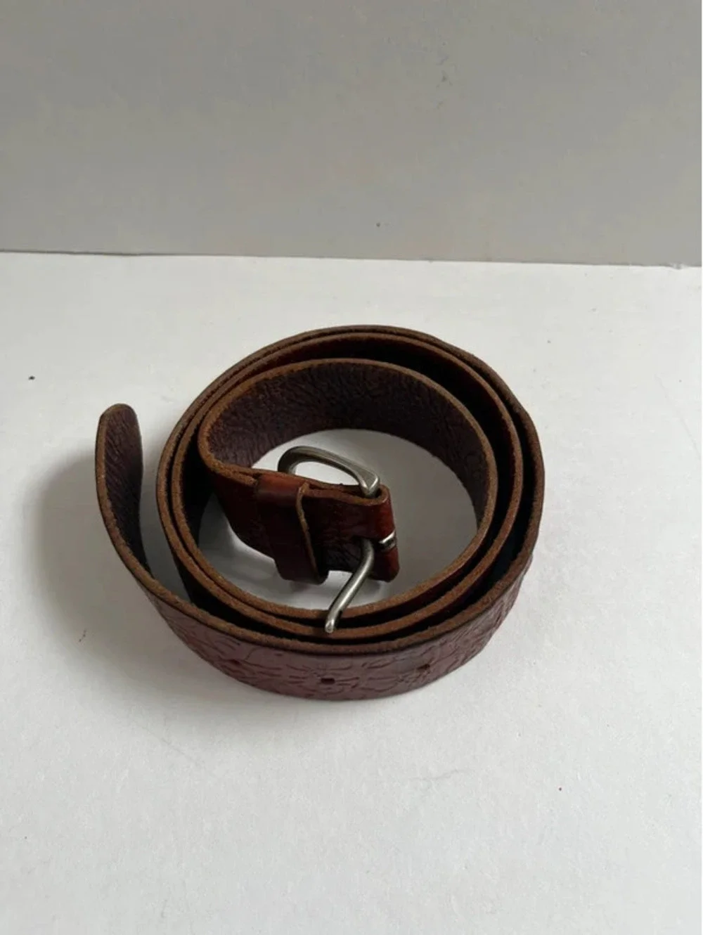Vintage Genuine Leather Brown Floral Embossed Belt Casual Retro 43” X 1.3”